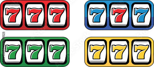 Set of four slot machine reels showing winning combinations casino jackpot symbols gambling game illustration collection