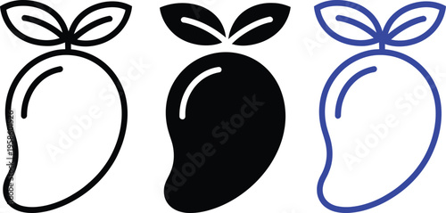 Illustration showing different visual styles of a mango fruit with its leaves