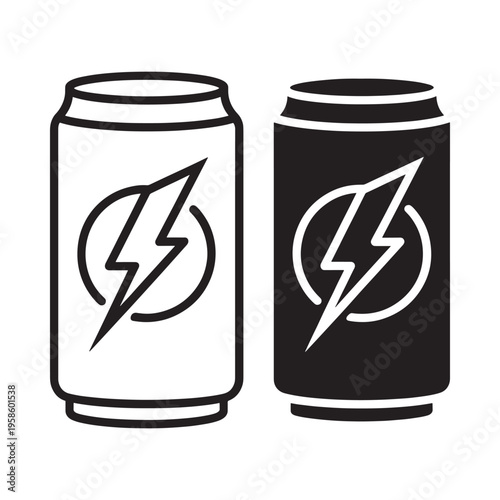 Two energy drink cans with lightning bolt designs in black and white
