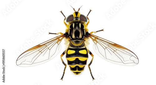 Close up image of a yellow and black striped hoverfly with transparent wings isolated on clear background