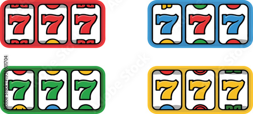 Set of four slot machine reels showing winning combinations casino jackpot symbols gambling game illustration collection