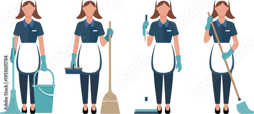 Set of four cartoon female cleaning staff with tools housekeeping service workers janitor characters illustration collection