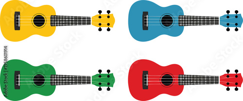Set of four colorful ukulele illustrations arranged in grid pattern on white background musical instrument collection design