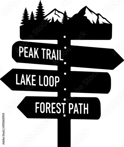 Vector hiking trail signpost with mountain and forest icons