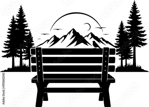 Black vector bench silhouette with mountain landscape