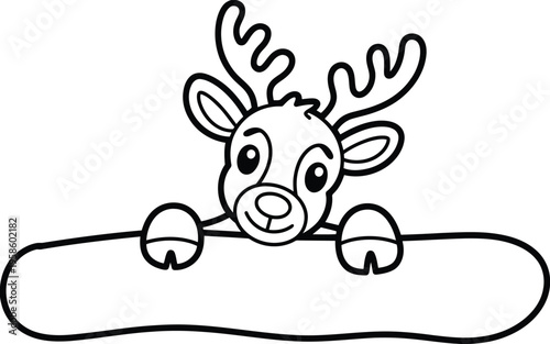 Cute cartoon reindeer peeking over a blank horizontal scroll with jingle bells on paws
