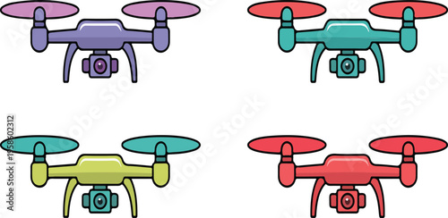 Four colorful drone icons with cameras isolated on white background, modern aerial technology devices for photography and surveillance vector illustration