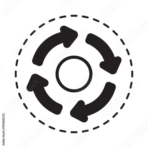 Circular diagram with four arrows rotating around a central point