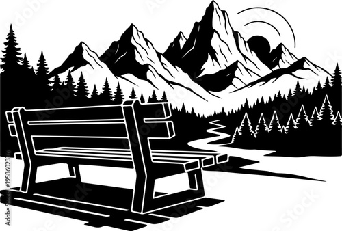 Black and white vector illustration of a wooden bench in a mountain landscape