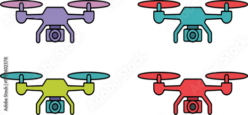 Four colorful drone icons with cameras isolated on white background, modern aerial technology devices for photography and surveillance vector illustration