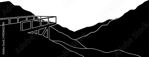 Vector mountain landscape illustration with building