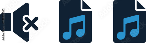 Muted Speaker Icon with Music Notes, solid style vector illustration showing silent mode, audio files, media control interface, application design, and user interface concept.