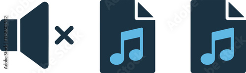Muted Speaker Icon with Music Notes, solid style vector illustration showing silent mode, audio files, media control interface, application design, and user interface concept.