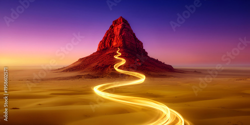 Glowing path ascends desert mountain under vibrant gradient sky