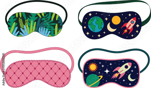 Assorted Set of Sleep Eye Masks Featuring Jungle Leaves Outer Space Rockets and Pink Quilted Designs