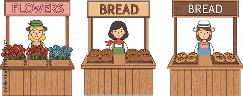 Cute Cartoon Marketplace Stall Vector Set Featuring Female Shopkeepers Selling Fresh Flowers And Bread At Outdoor Local Farmer Market Stands