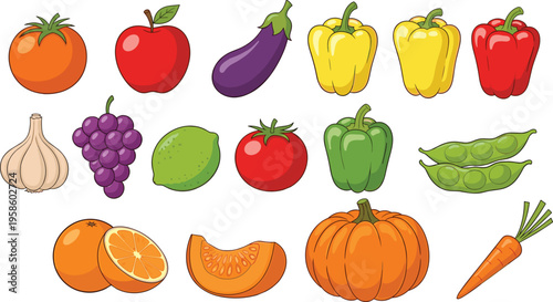 Healthy fruit and vegetable vector set. Hand drawn illustrations of apple, bell pepper, eggplant, onion, grapes, tomato, pumpkin, and carrot for organic food design.