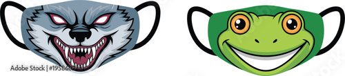 Aggressive Grey Wolf and Friendly Green Frog Cartoon Graphic Protective Fabric Face Mask Set Designs