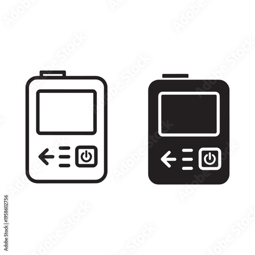 Two monochrome icons depicting digital camera outlines with button controls