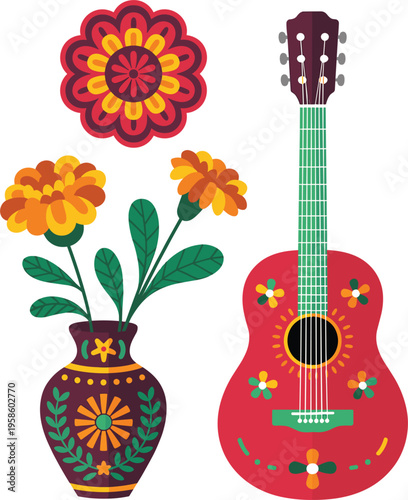 Vibrant Mexican folk art illustration featuring a traditional red guitar, marigold flowers, and decorative vase.