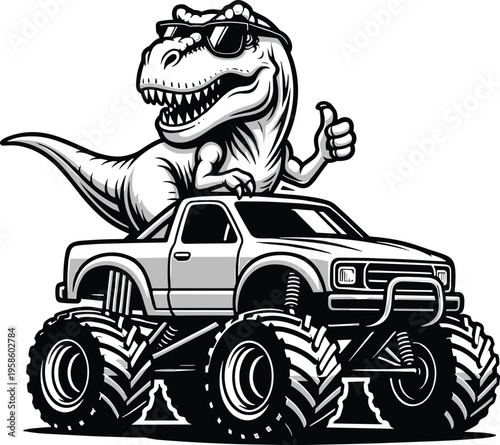 Cool T rex riding monster truck, black and white cartoon vector illustration of dinosaur with sunglasses and oversized off road vehicle