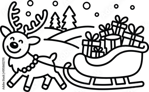 Cute cartoon reindeer wearing a collar pulls a sleigh loaded with wrapped gifts over snowy terrain