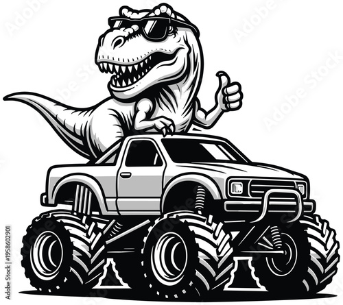Cool dinosaur riding monster truck, black and white cartoon vector illustration of T rex with sunglasses driving oversized off road vehicle