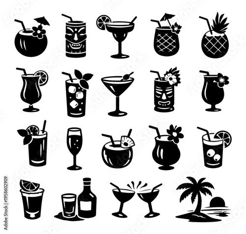 Tropical Cocktail Silhouettes Collection - Exotic Summer Bar Drink Vector Icons
