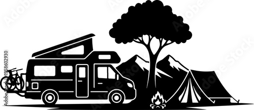 Camping, RV, travel, adventure vector icon, black silhouette, outdoor recreation