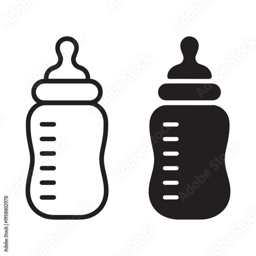 Two baby bottles depicted in a simple black and white illustration