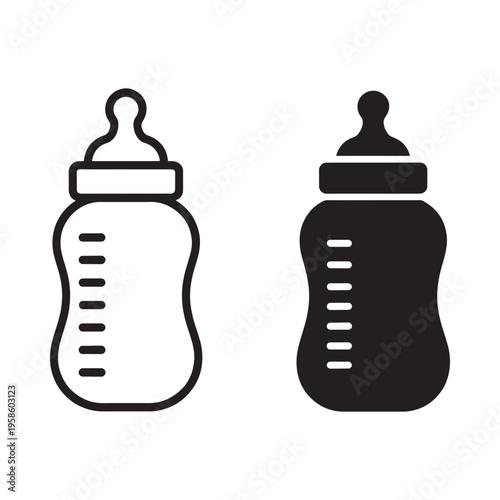 Two baby bottles illustrated in simple black and white line art style