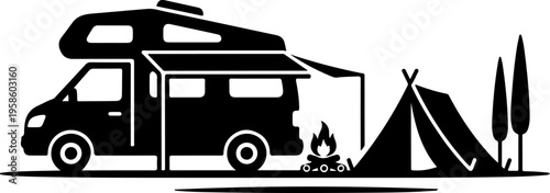 Camping, RV, tent, and campfire vector silhouette, outdoor adventure icon, black travel symbol, recreational vehicle graphic
