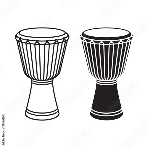 Two traditional djembe drums in a monochrome black and white illustration