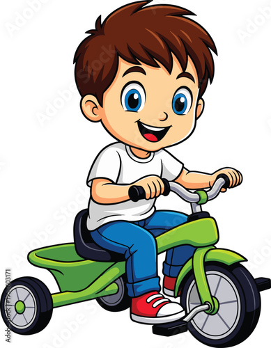 Cute little boy riding tricycle cartoon character, happy child cycling illustration isolated on white background, kids transportation concept vector