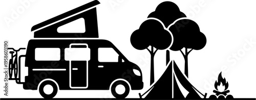 Vector illustration of camper van and tent for camping