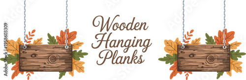 Two Rustic Wooden Hanging Planks Suspended by Metal Chains with Autumn Oak Leaf Background Decorations