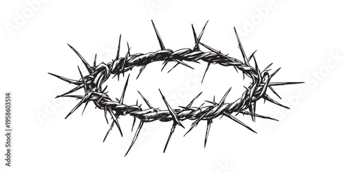 Black crown of thorns isolated on white background, minimal religious symbol, suffering and sacrifice concept, christian faith symbol, spiritual symbolism, easter theme.