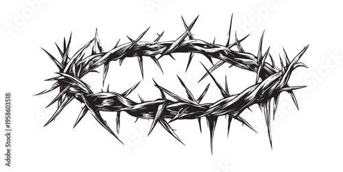 Minimal black crown of thorns isolated on white background, religious suffering symbol, christian spirituality concept, faith and sacrifice idea, easter observance.