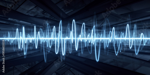 Dynamic blue light wave moving through abstract dark interior