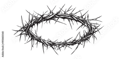 Minimal black crown of thorns isolated on white background, religious suffering symbol, christian spirituality concept, faith and sacrifice idea, easter observance.	
