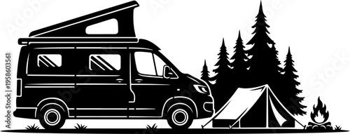 Camping, van life, adventure vehicle, outdoor recreation, black and white illustration
