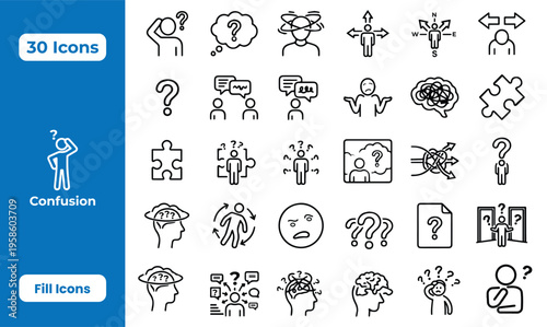 Set of 30 simple icons depicting confusion, doubt, and indecision with question marks, puzzles, tangled thoughts, and perplexed people for concept visualization.