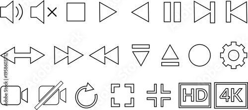 Collection of video playback control icons and resolutions