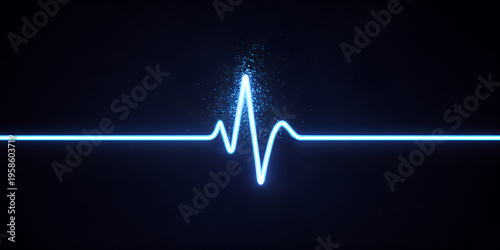 Neon blue pulse line with sparkling peak on black background