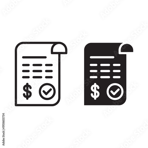 Two black and white icons depicting a bill or invoice with a checkmark
