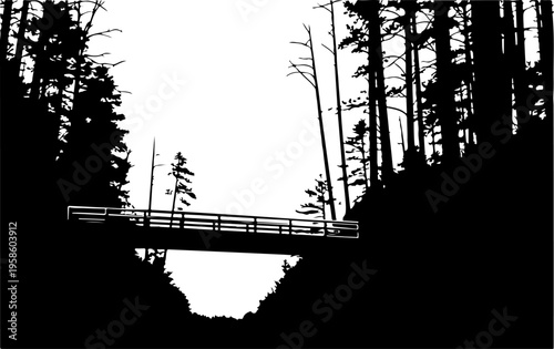Bridge, forest, silhouette, black, vector illustration, landscape, nature, trees, pathway