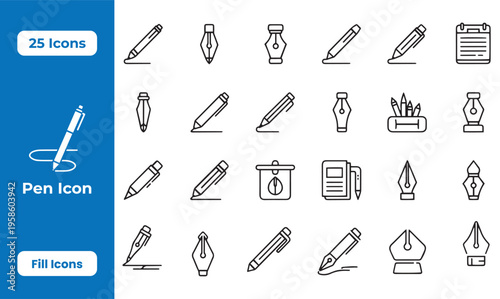 Pen icon set in flat line style contains various fountain pen nibs pencils writing tools stationery supplies office equipment school accessories calligraphy instruments ink drawing sketches