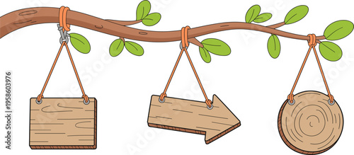 Whimsical Wooden Hanging Signs Suspended from a Leafy Tree Branch on a Blank White Background