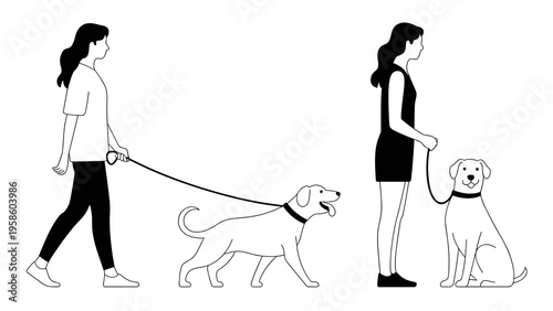 Woman Walking Dog Line Art Vector Icons – Daily Pet Care Illustration Set