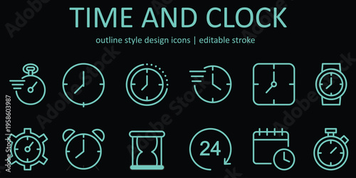 Set of editable neon clock icons for time management and scheduling design elements